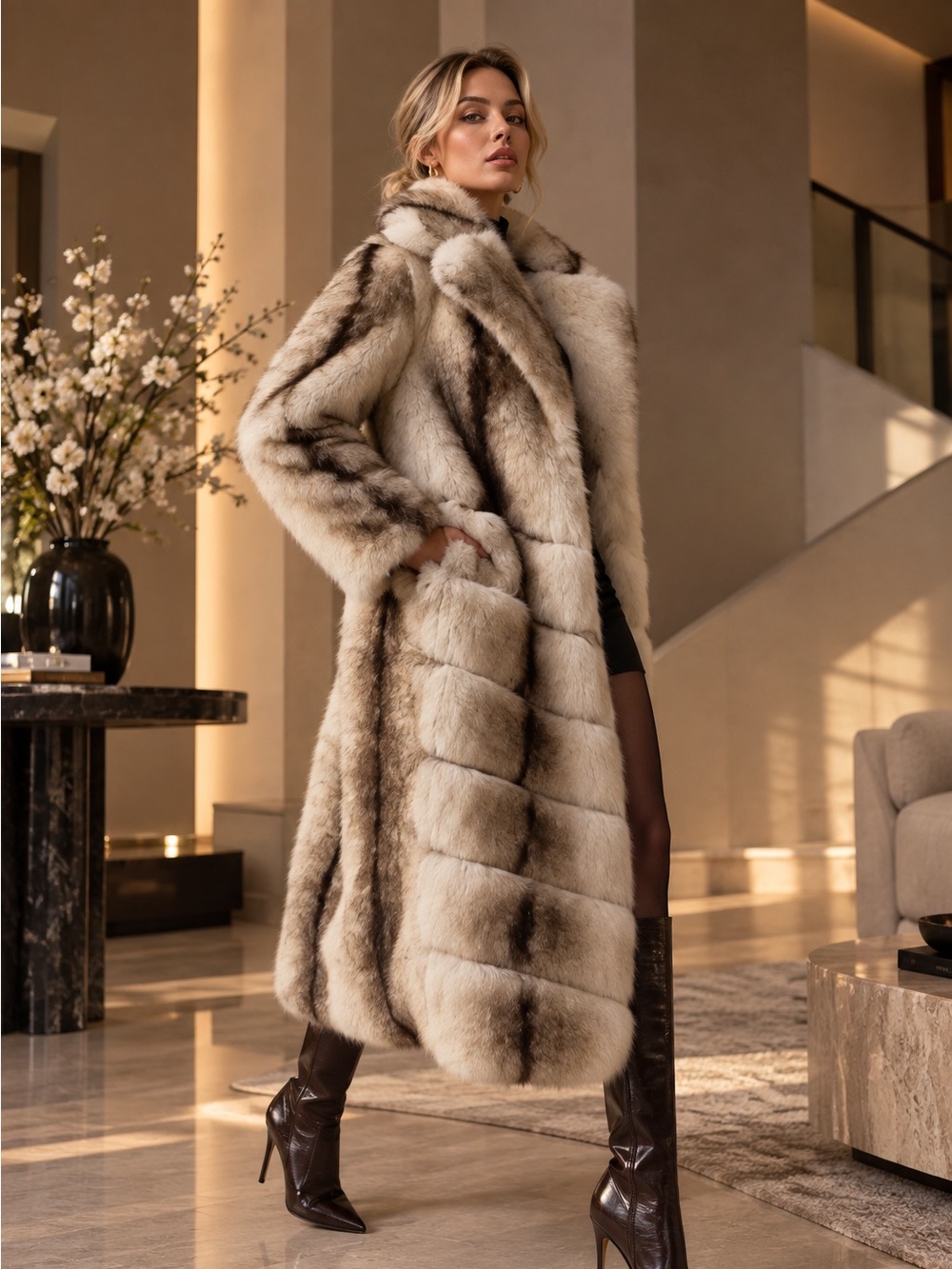 Quilted Vintage style long faux fur coat gradient luxury cream brown